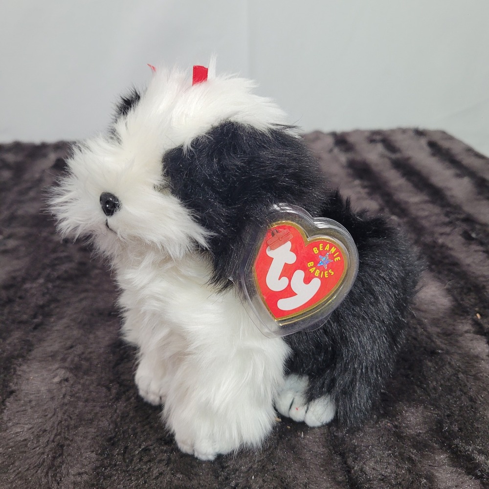 Ty Beanie Babies Poofie the Dog Black White Shaggy Plush Toy 2001 Retired 4325